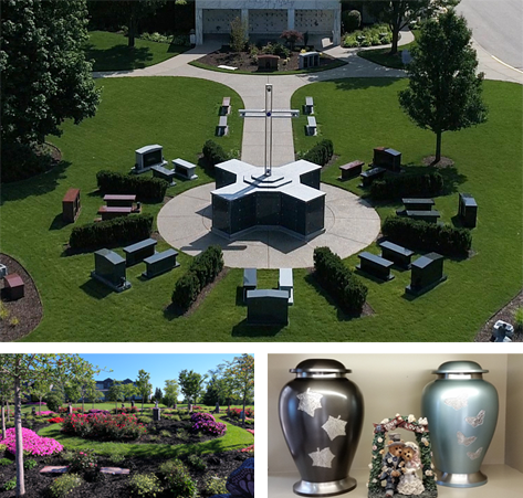 A collage of three images from Mt. Elliott Cemeteries This image collage shows at the top: Resurrection Cemetery's Prince of Peace Cremation Garden - An aerial view. Two smaller photos are below it. On the left, is a view of the cremation garden at Guardian Angel. At bottom right is a view of two urns and teddy bear figurines inside a glass front niche.