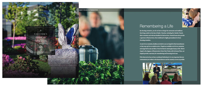 Image of an open Consumer Cremation Booklet from Mt. Elliott Cemetery Association. Image of an open Consumer Cremation Booklet from Mt. Elliott Cemetery Association.